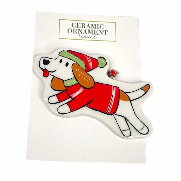 Ceramic Ornament Beagle with Sweater and Santa Hat, White, Red, Green - Picture 4 of 4